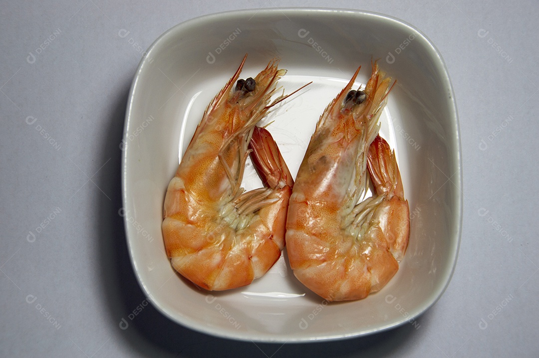 Tigela com dois camarões frescos
