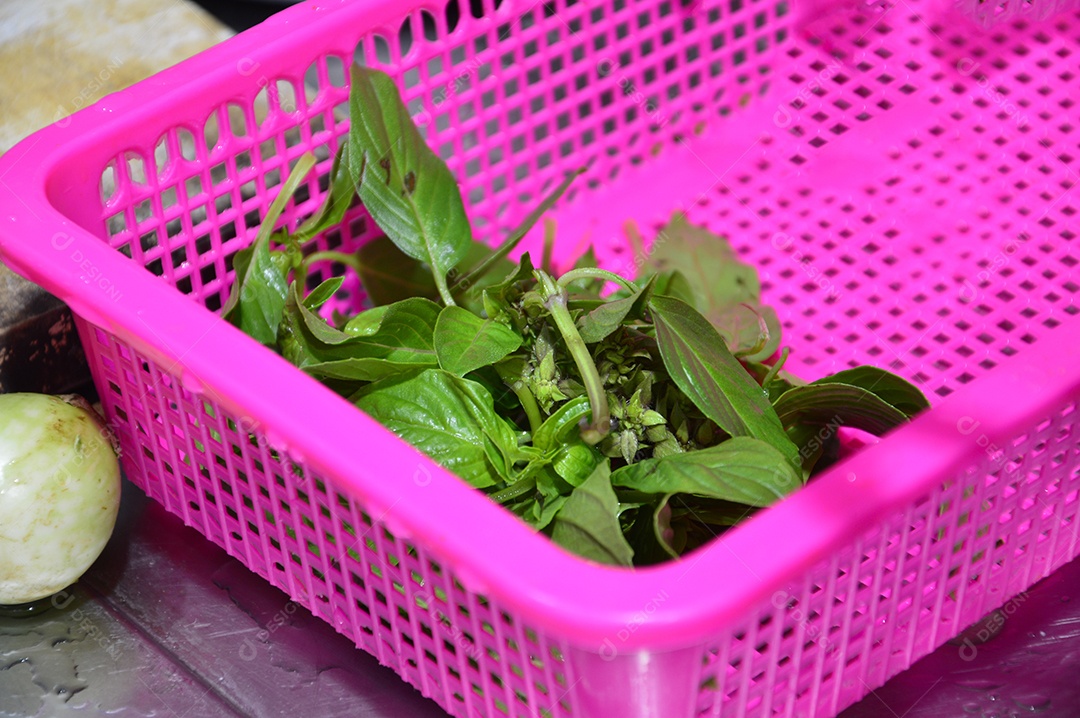 Folhas verdes de manjericão em cesta rosa