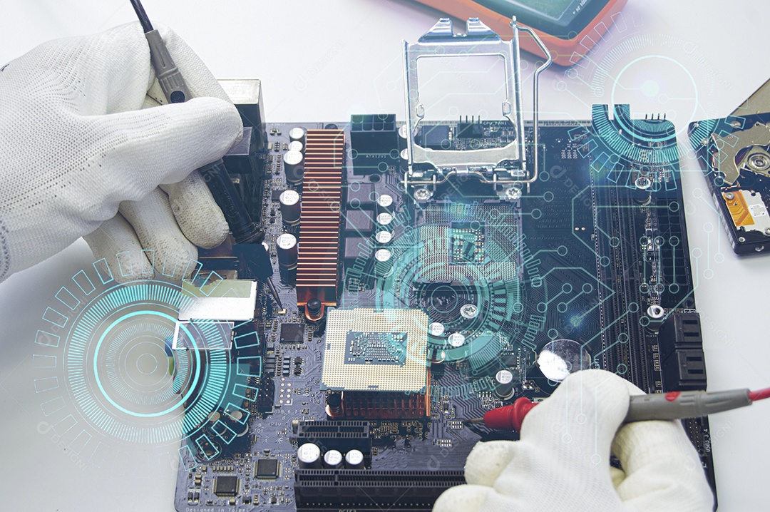 Vista superior da placa-mãe, placa-mãe do computador, conceito de inteligência artificial