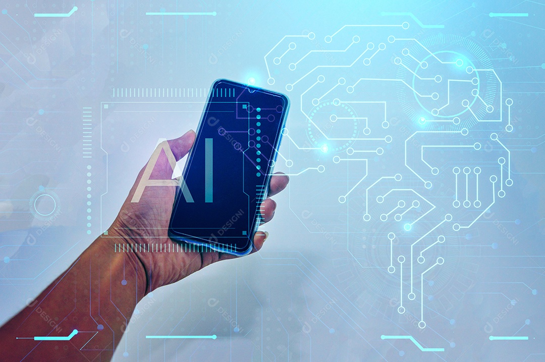 Imagens conceituais de mídia na era da inteligência artificial e da IoT (mãos nos smartphones)