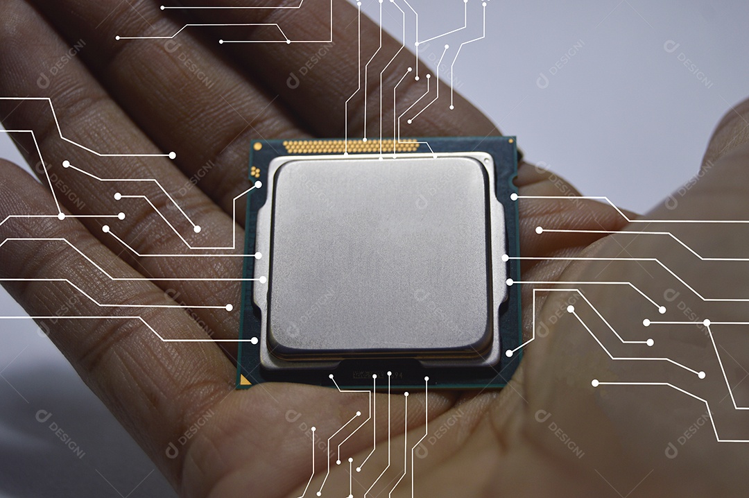 Conceito de inteligência artificial As pessoas irão controlá-lo, chip de CPU colocado à mão.