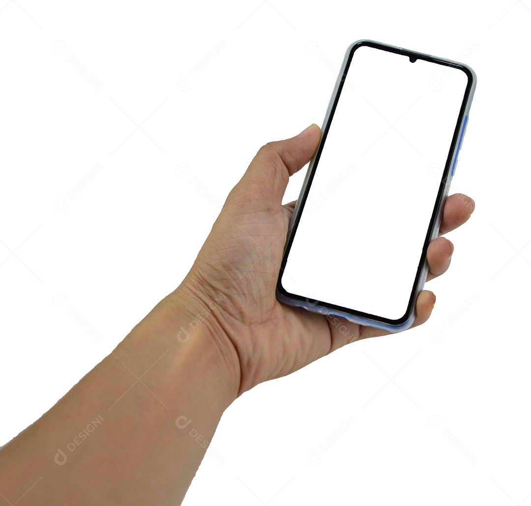 Mão segurando um smartphone (com traçado de recorte)