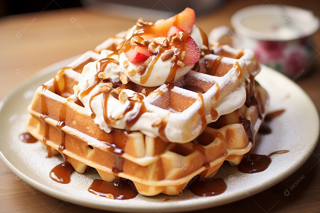 Delicioso waffle com calda de chocolate