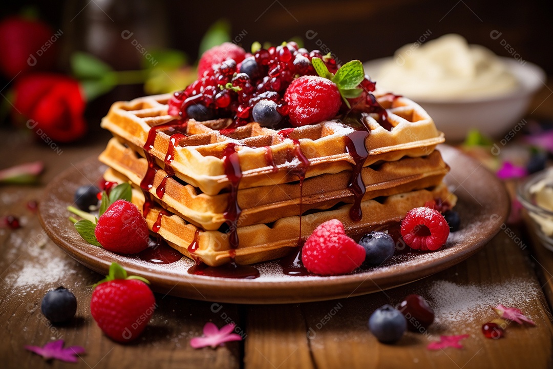 Delicioso waffle com calda de chocolate e frutas