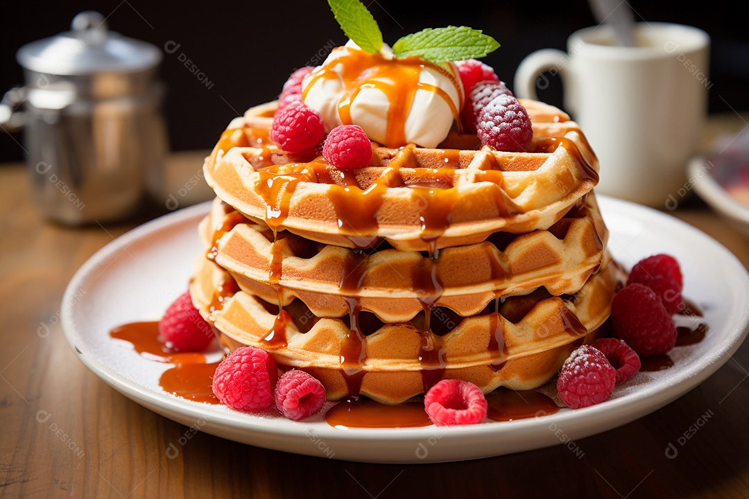 Waflles com framboesa e cobertura em um prato