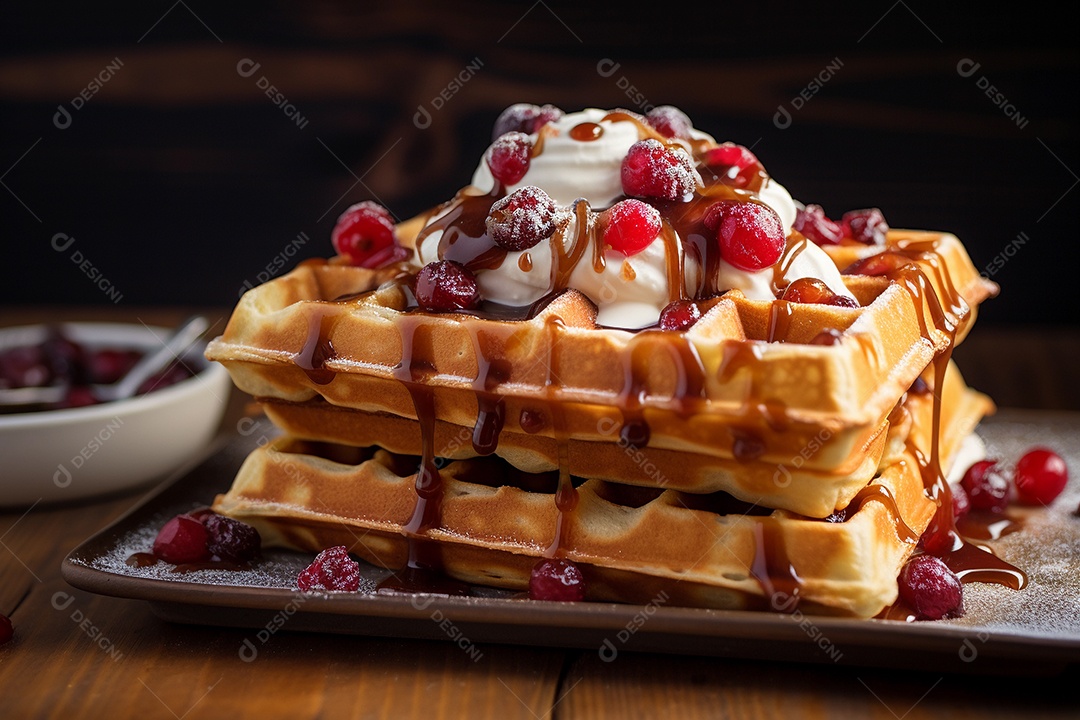 Waflles com sorvete e frutas sobre uma bandeja