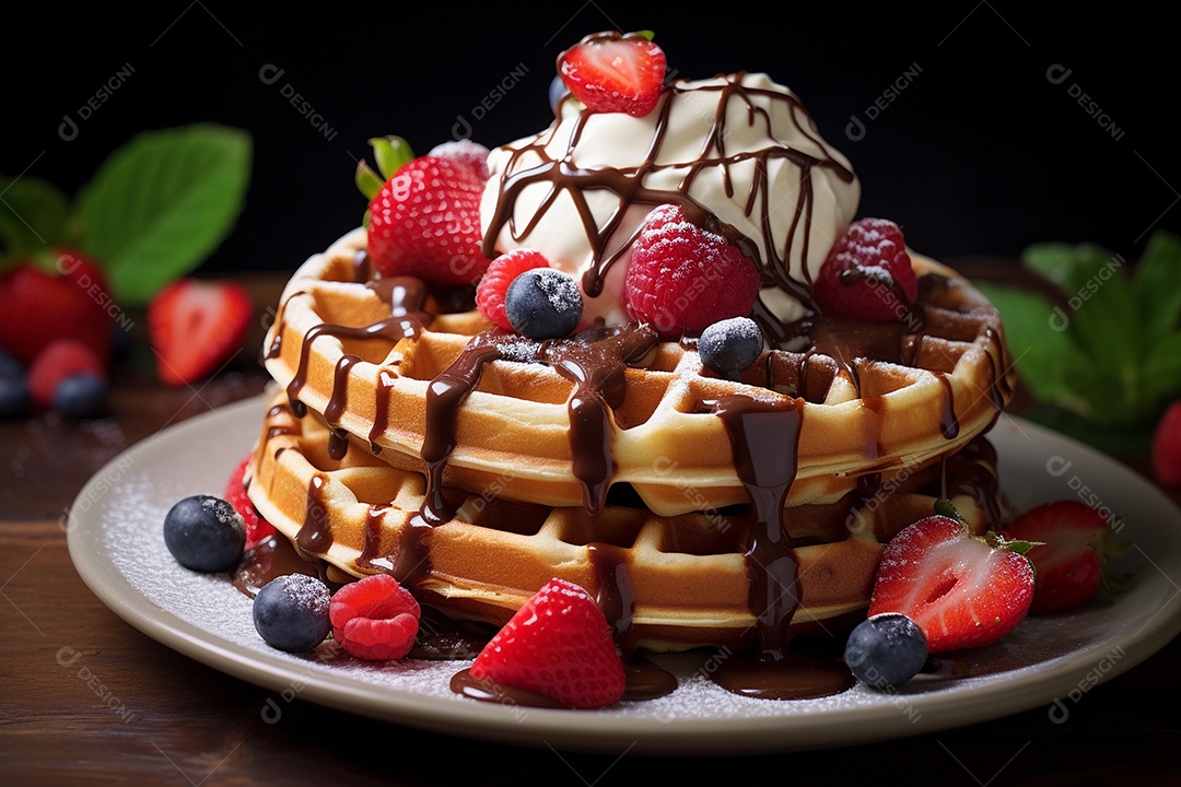 Waffles com morangos e sorvete sobre uma mesa de madeira