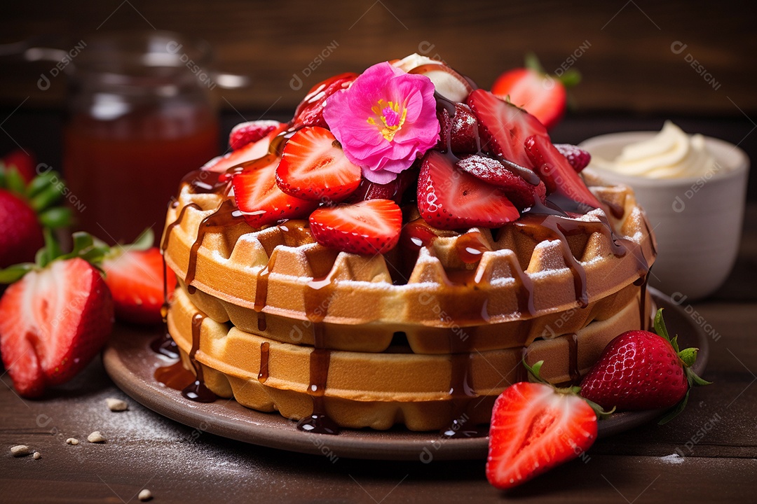 Waffles com morangos sobre uma mesa de madeira
