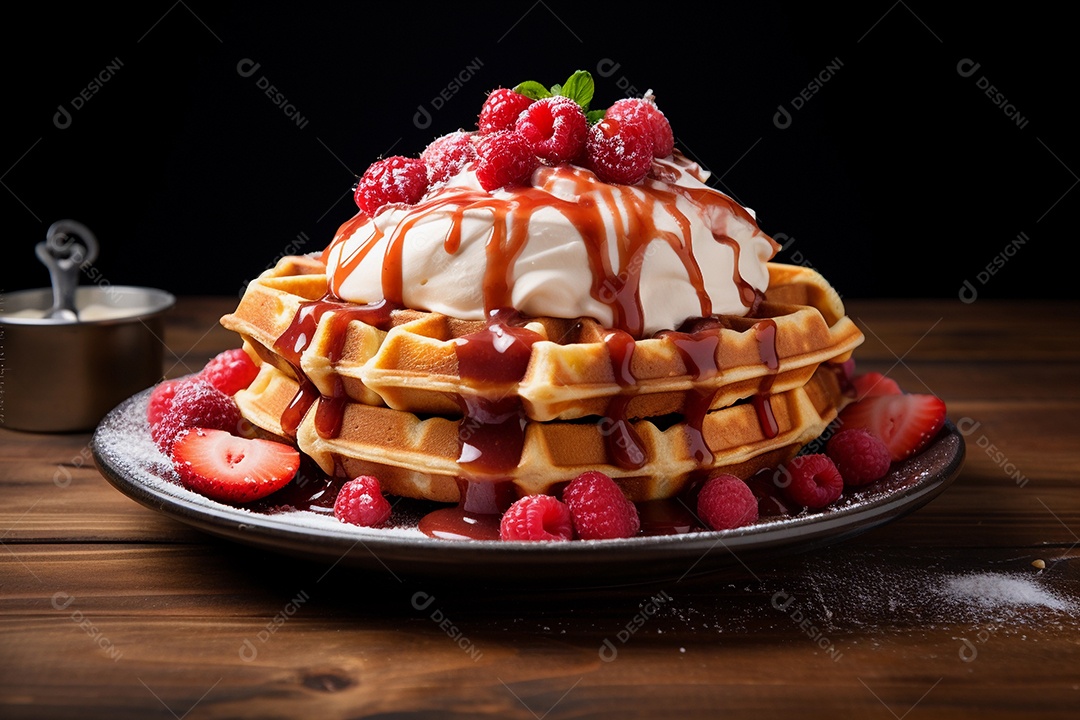 Um delicioso waffles com sorvete e frutas vermelhas em mesa rustica