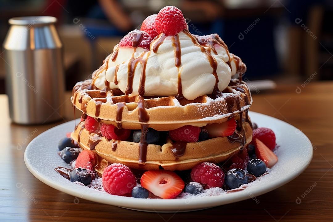 Um delicioso waffles com sorvete e calda de chocolate em prato branco