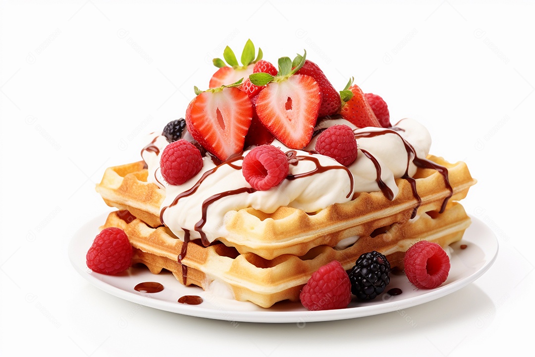 Um delicioso waffles com sorvete e frutas vermelhas em prato branco