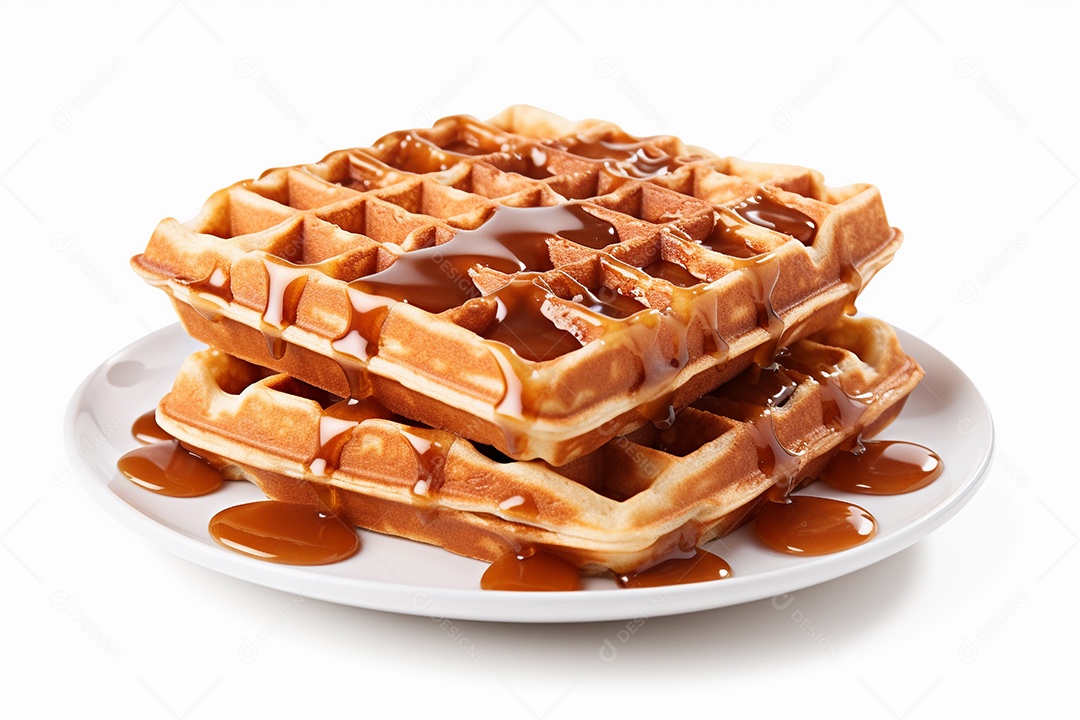 Um delicioso waflle com calda de caramelo em prato branco e fundo branco