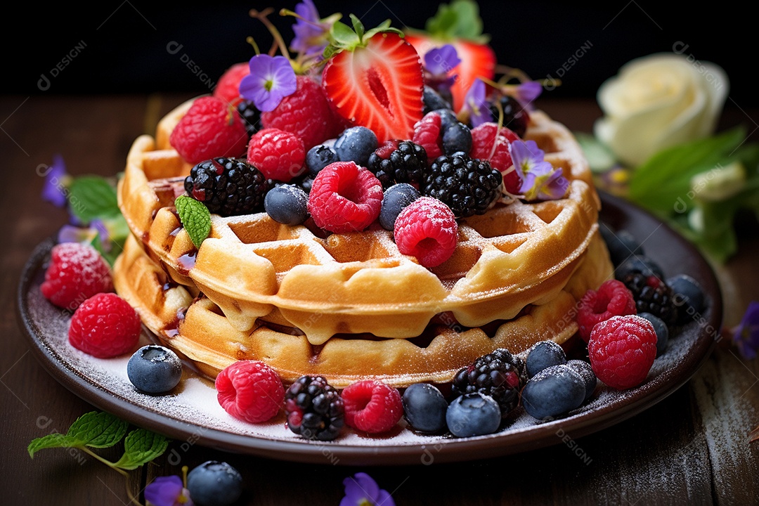 Um delicioso waffles com frutas, mirtilo e morango em fundo preto