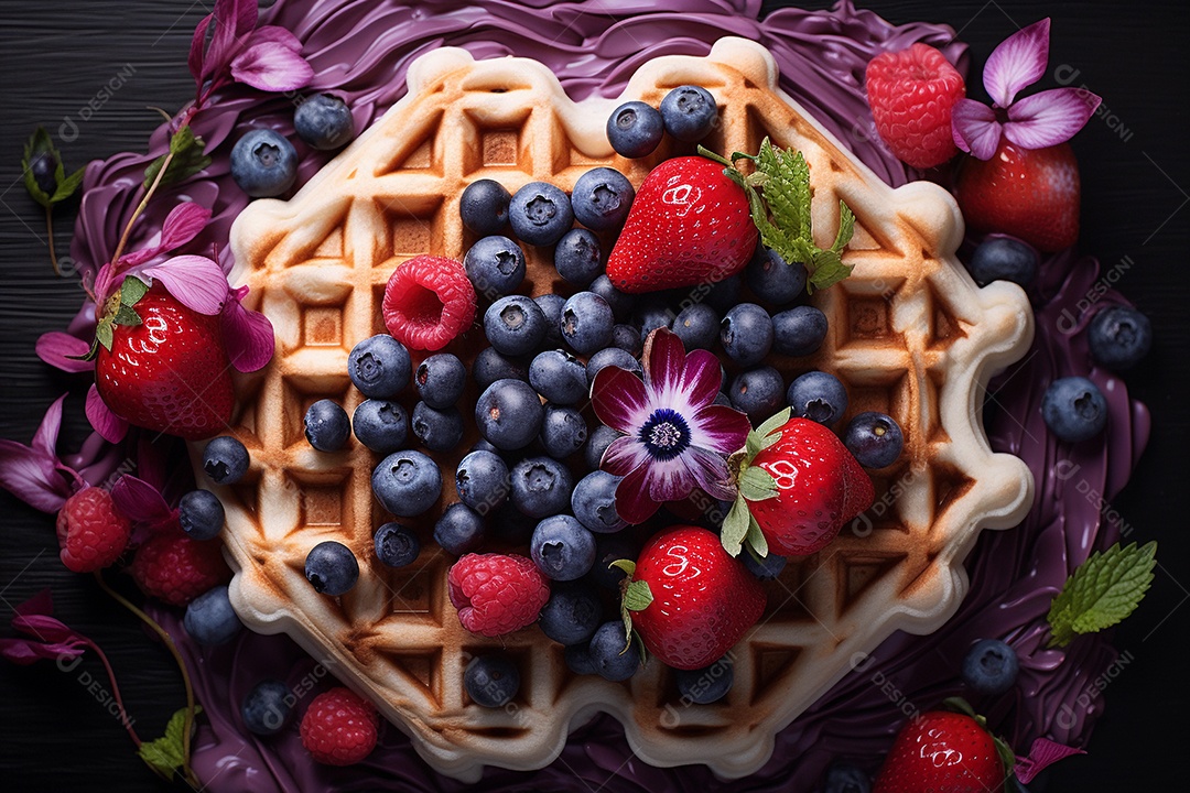 Um delicioso waffle com frutas em cima e algumas flores