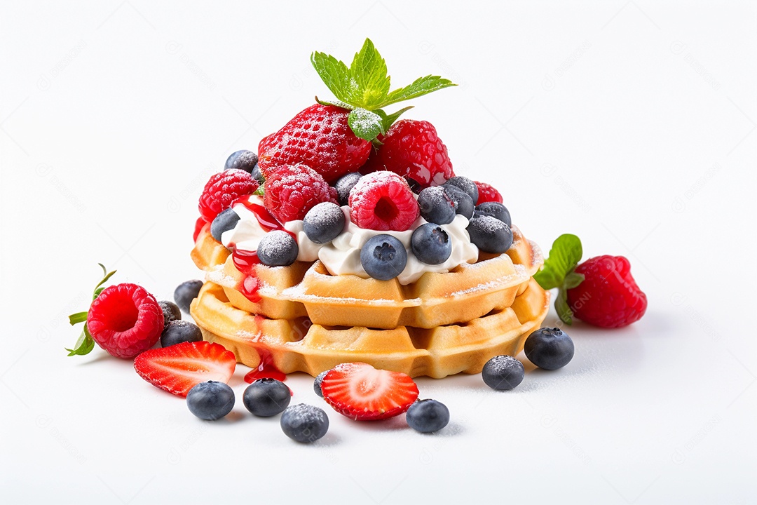 Um delicioso waffles com sorvete e frutas em fundo branco