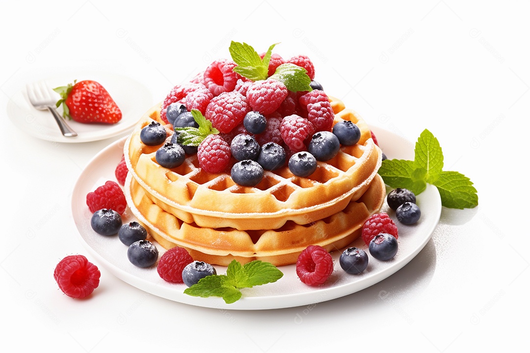 Um delicioso waffles com frutas em prato branco e fundo branco