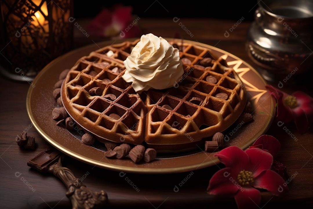 Waffles com sorvete e chocolate em mesa de madeira