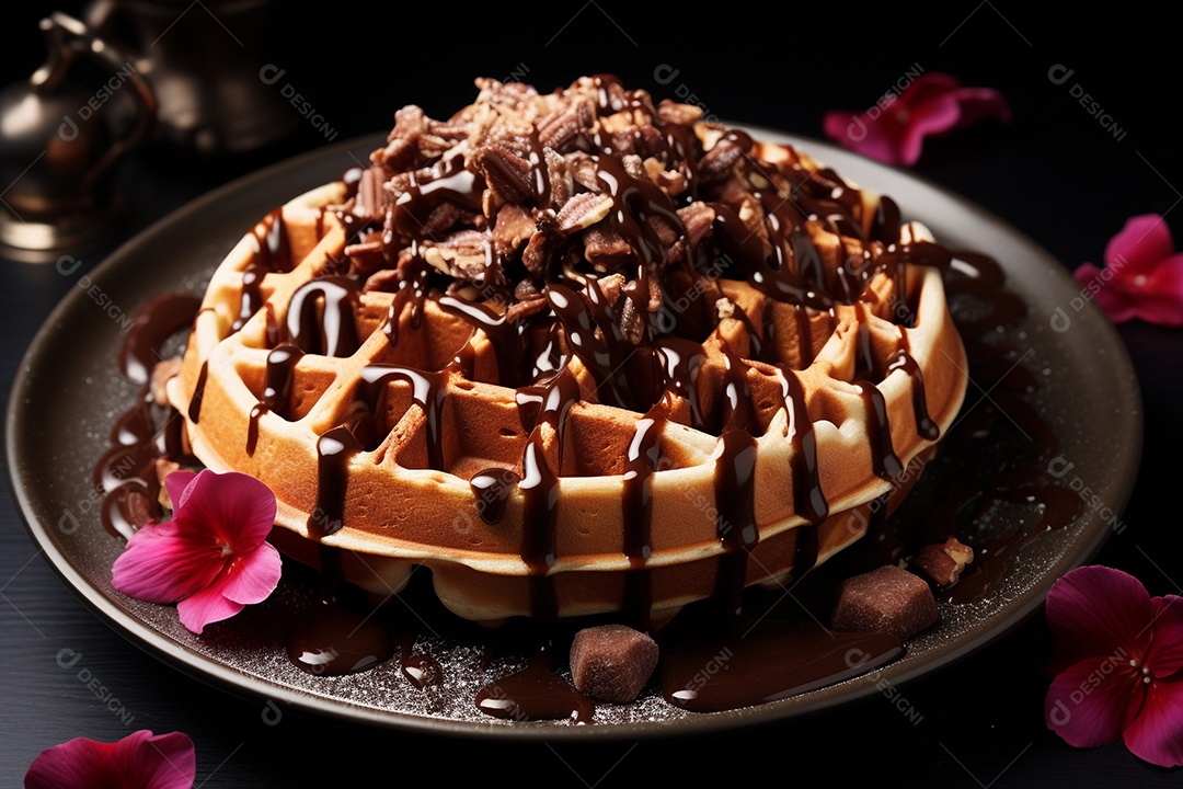 Waffles com cobertura de chocolate em prato preto e fundo preto com flores