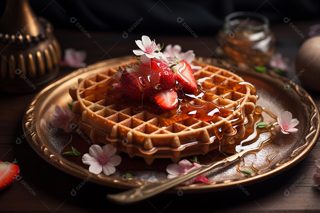 Waffles com mel em prato vintage e fundo preto