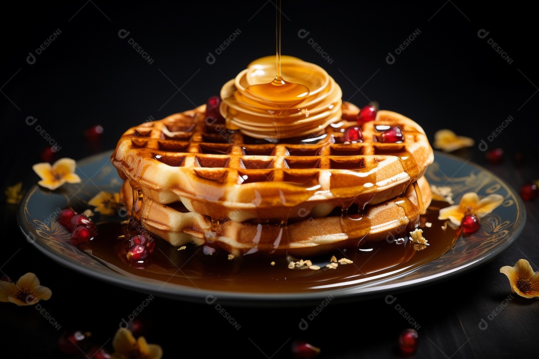 Um delicioso waffles com mel em fundo preto