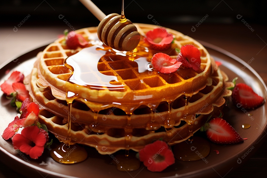 Um delicioso waffles com muito mel e em fundo escuro