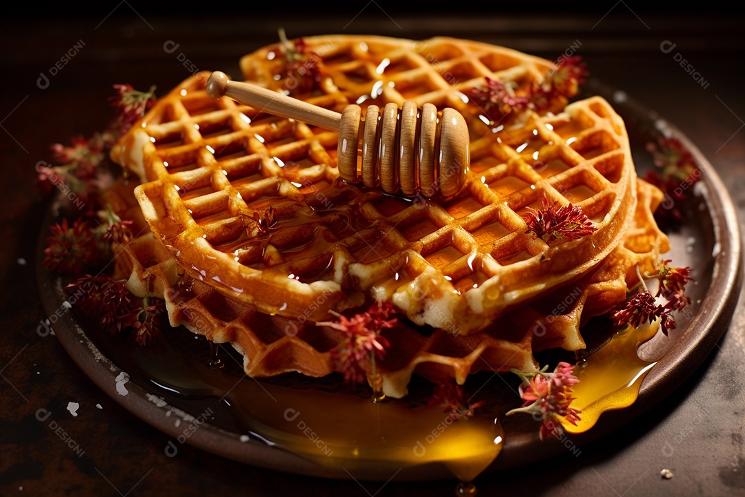 Um delicioso waffles com muito mel em fundo escuro