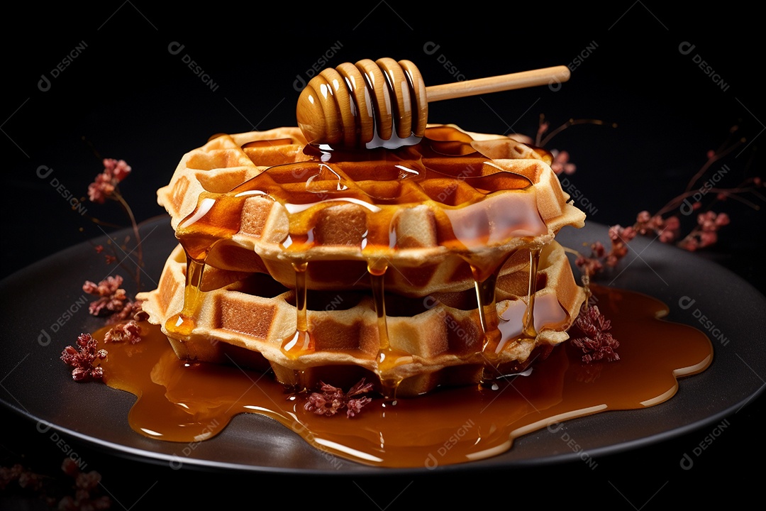 Waffles com mel em prato preto e fundo preto