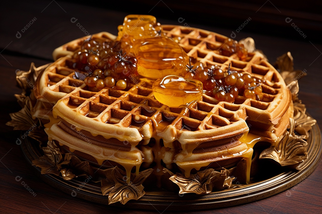 Um delicioso waffles com calda e mel em fundo preto