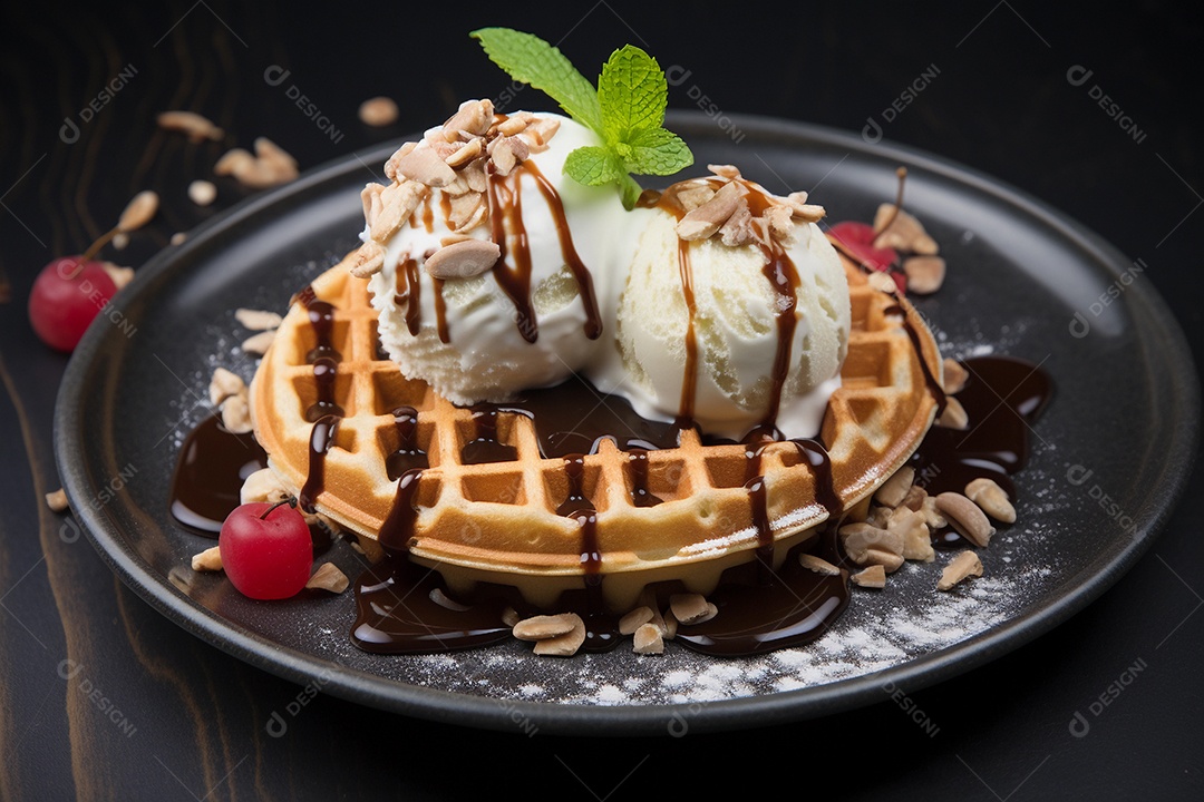 Um delicioso waffles com sorvete e calda de chocolate em fundo preto