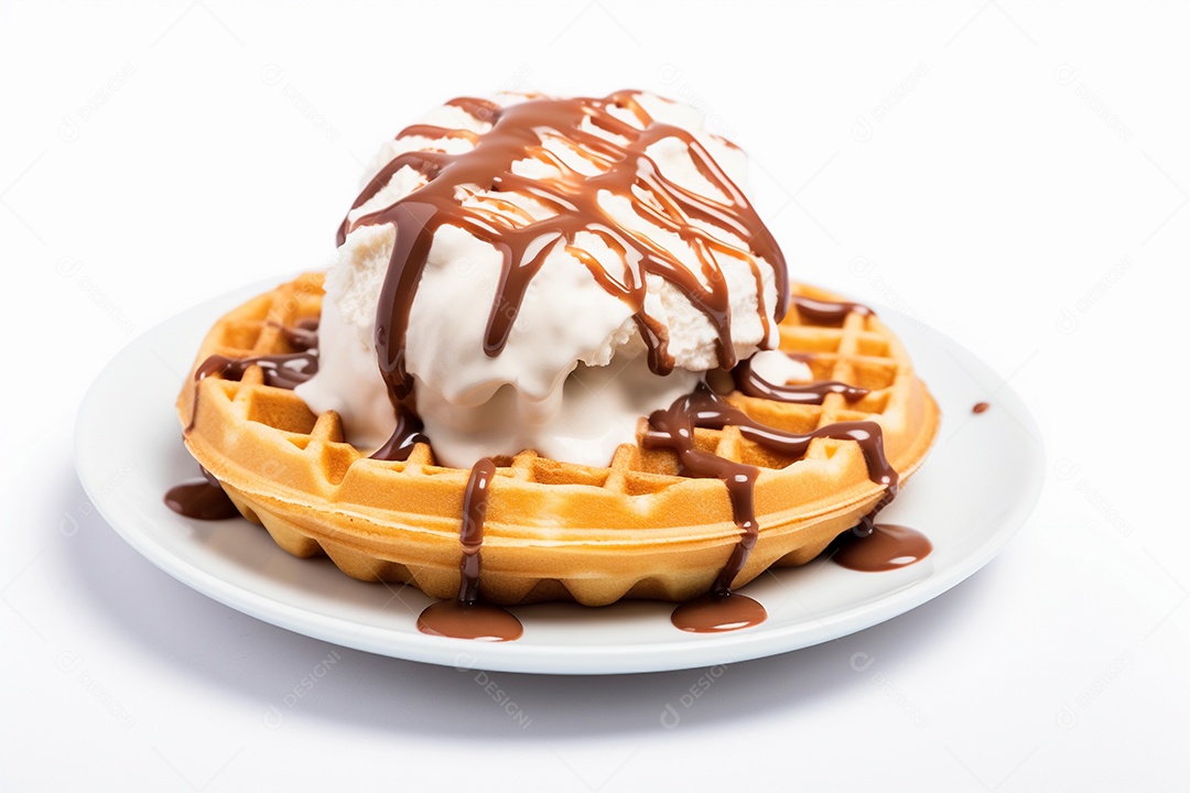 Waffles com sorvete e calda de chocolate em fundo branco