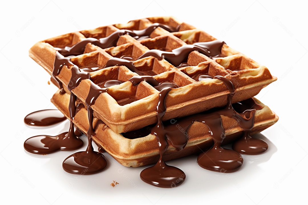 Waffles com calda de chocolate em fundo branco