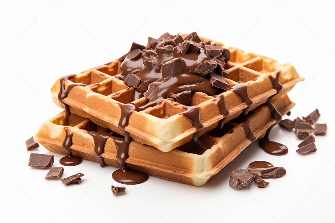 Waffles com calda de chocolate em fundo branco