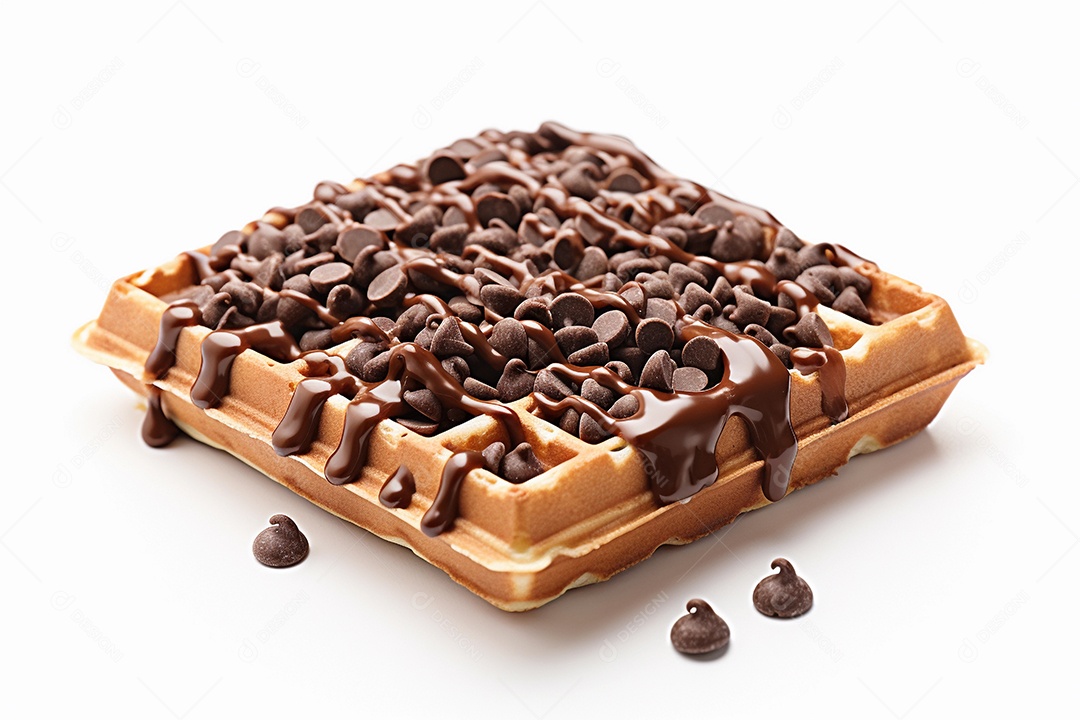 Waffles com calda e pedacinhos de chocolate em fundo branco
