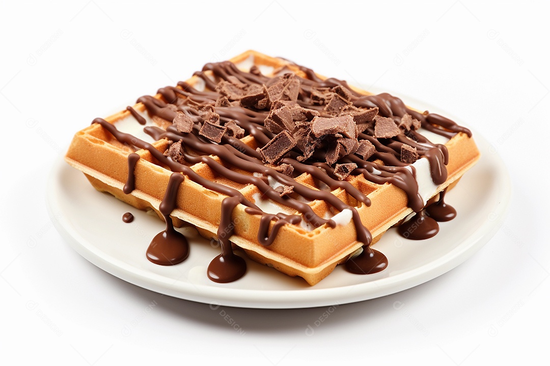 Waffles com calda e pedacinhos de chocolate em fundo branco