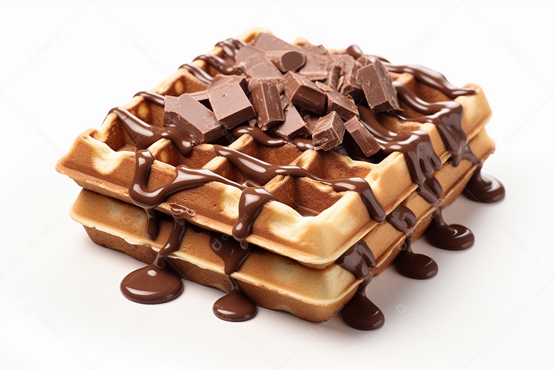Waffles com calda e pedaços de chocolate em fundo branco