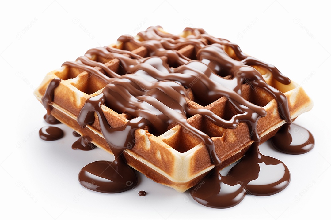 Waffles com calda de chocolate em fundo branco