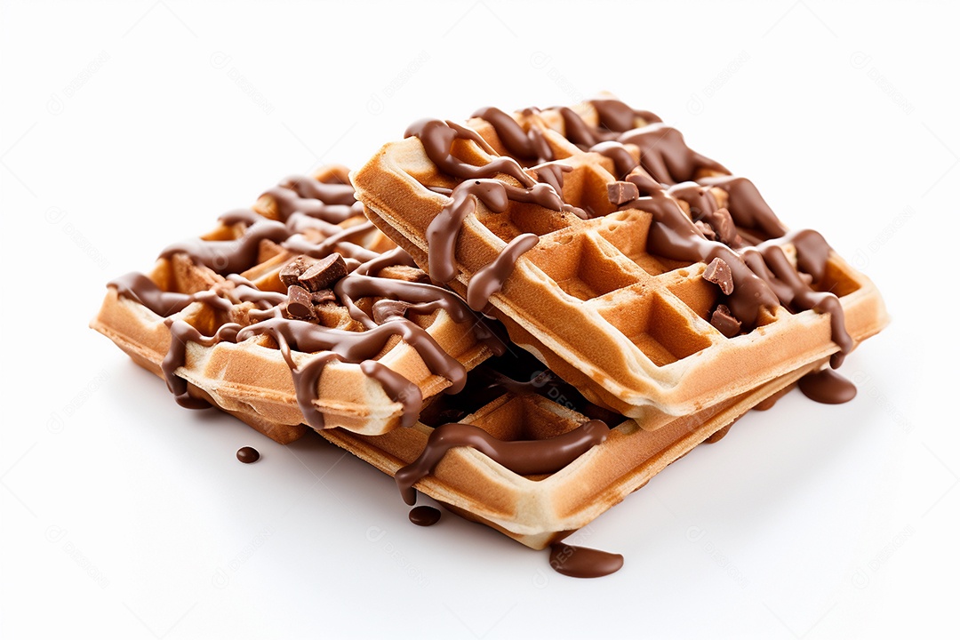 Waffles com calda de chocolate em fundo branco
