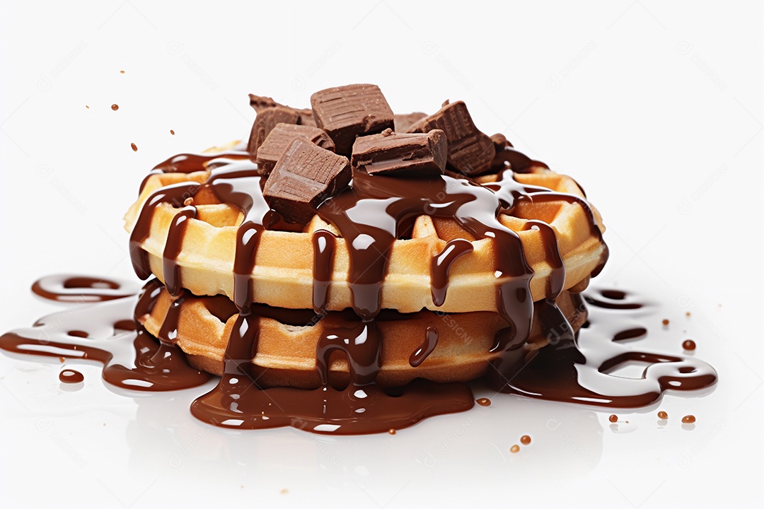 Waffles com calda e pedaços de chocolate em fundo branco