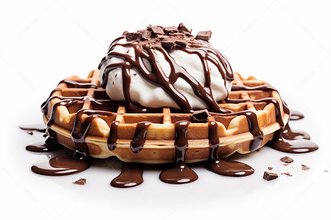 Waffles com sorvete e calda de chocolate em fundo branco