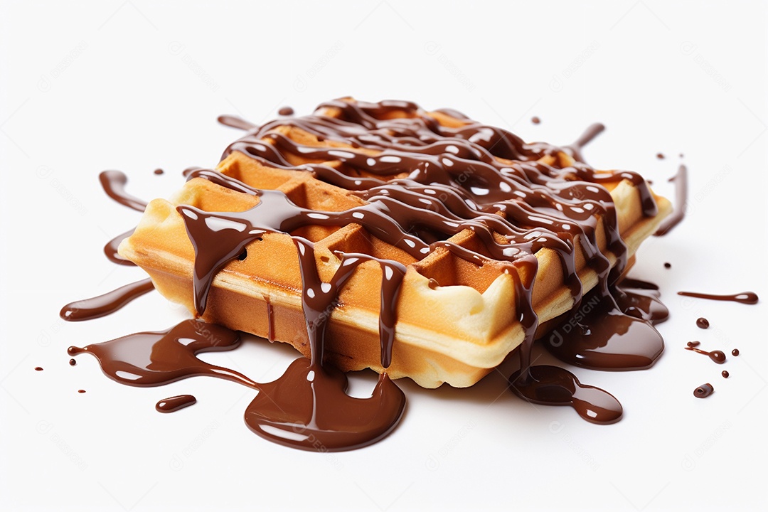 Waffles com calda de chocolate em fundo branco