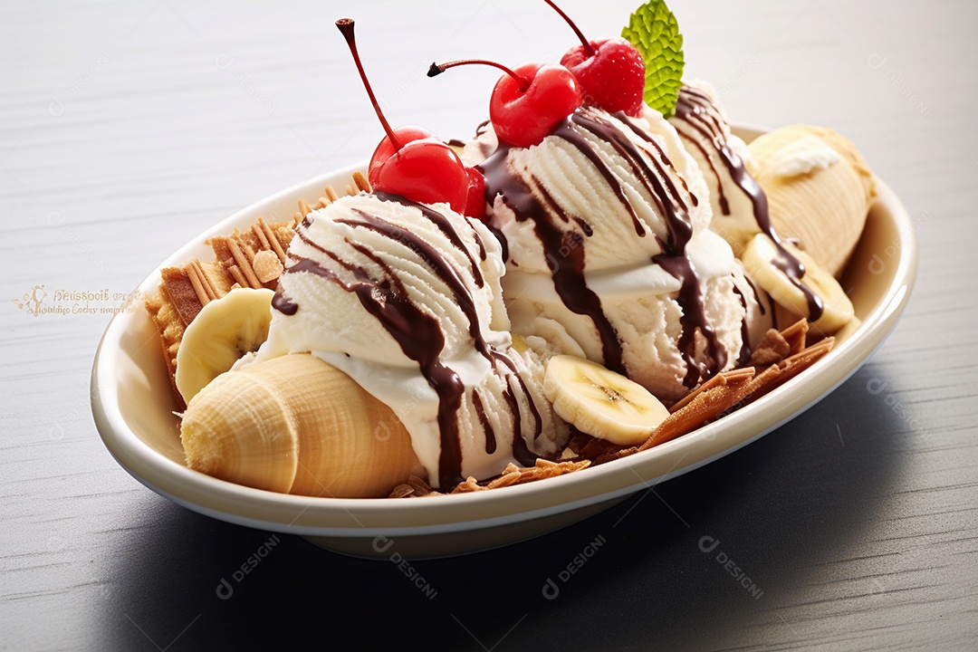 Banana split com sorvete e cerejas em cima