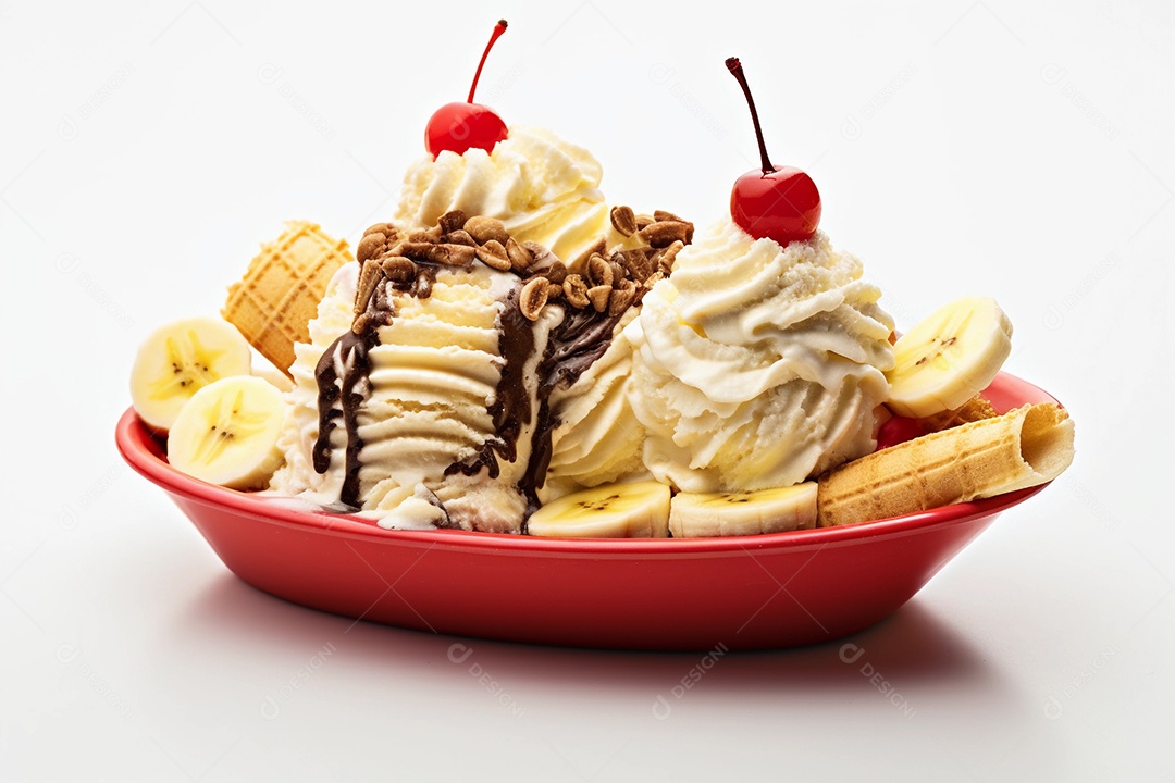 Banana split com sorvete e cerejas em cima