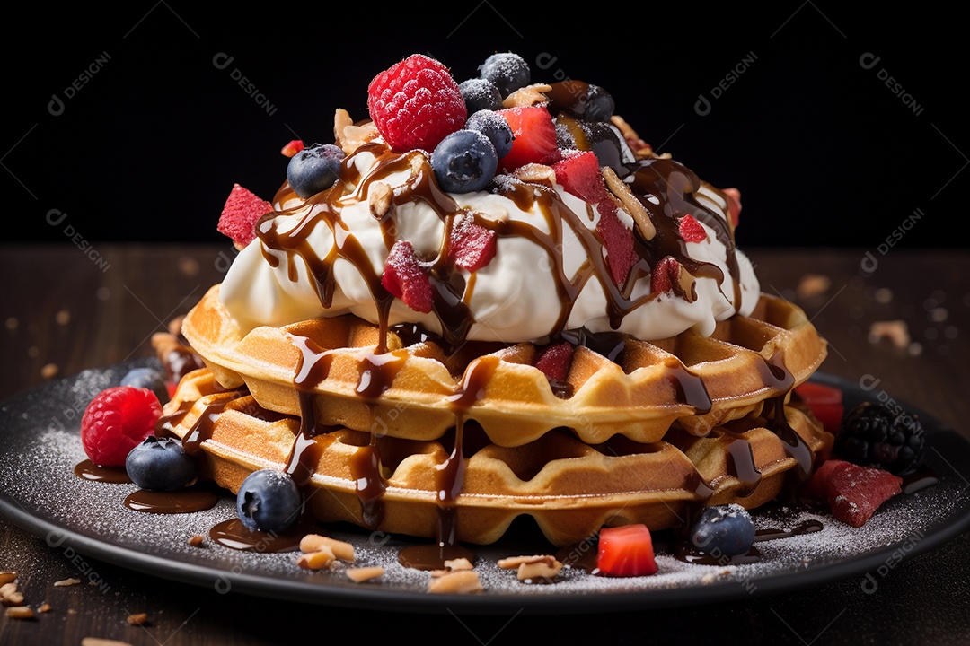 Waffle com sorvete e calda de chocolate em cima e frutas