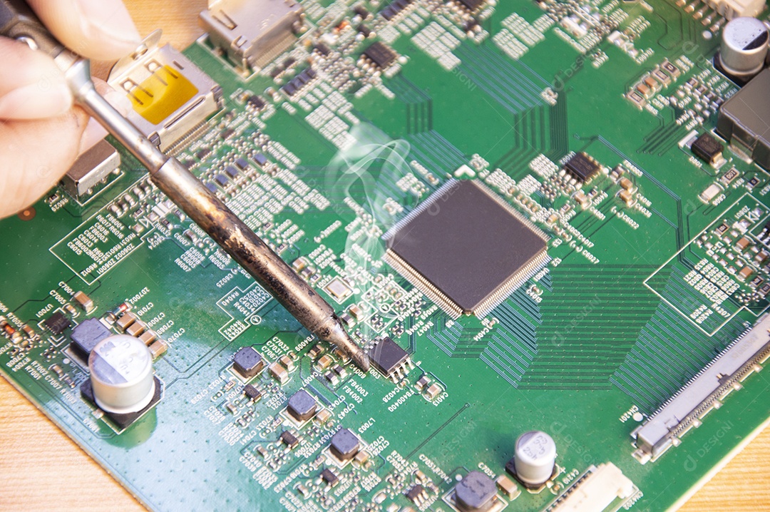 Vista superior técnico reparando placa mãe