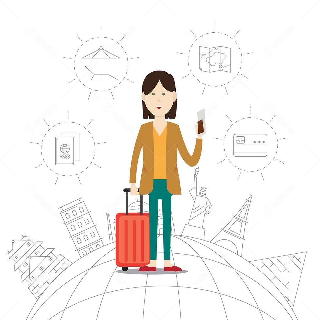 Mulher Segurando Passaporte Marco de viagem e ilustração vetorial de personagem Vetor EPS