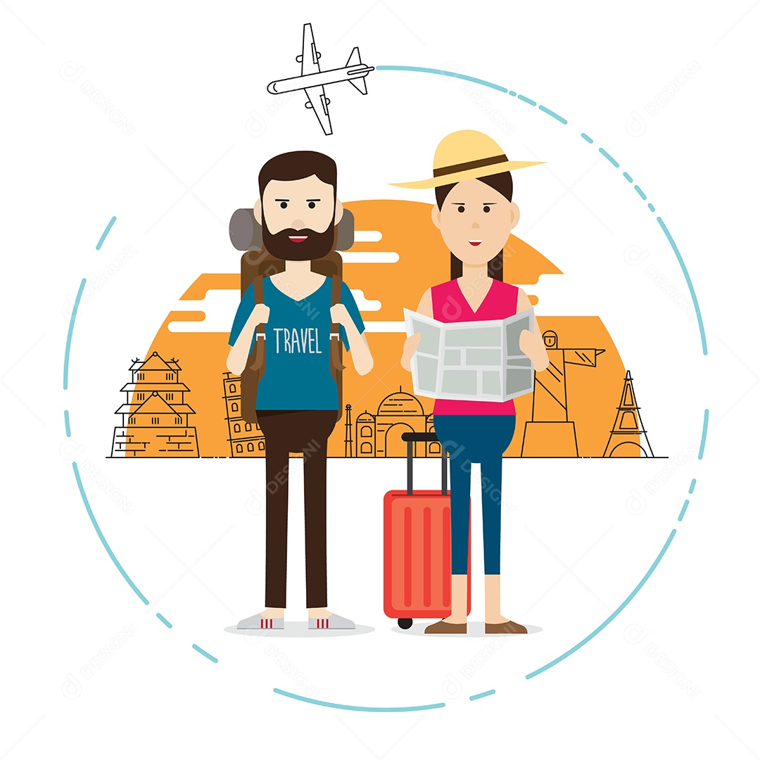 Casal Olhando Mapa de Viagem Ilustração Vetor EPS