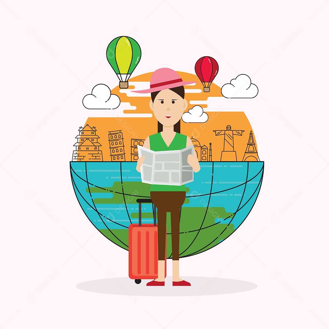 Mulher Olhando Mapa de Viagem Ilustração Vetor EPS