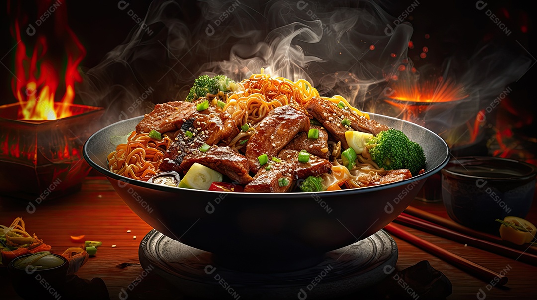 Ilustração de macarrão de porco grelhado com comida japonesa