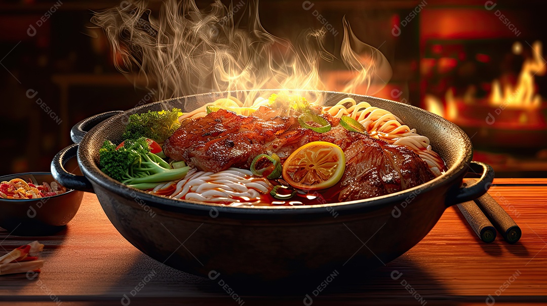 Ilustração de macarrão de porco grelhado com comida japonesa