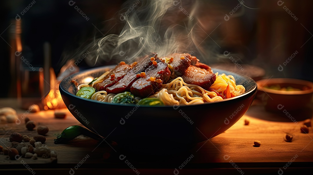 Ilustração de macarrão de porco grelhado com comida japonesa